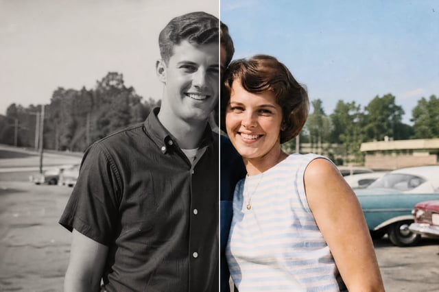 Before and after: a black and white photo colorized with natural color