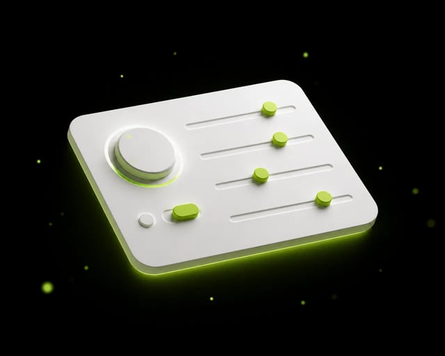 A stylized 3D panel with green dials for model settings