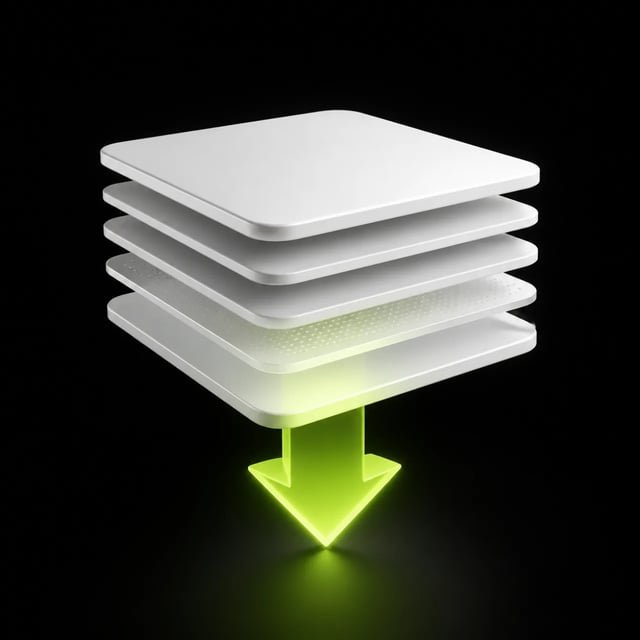 A stack of layers with a green downward arrow for generated output