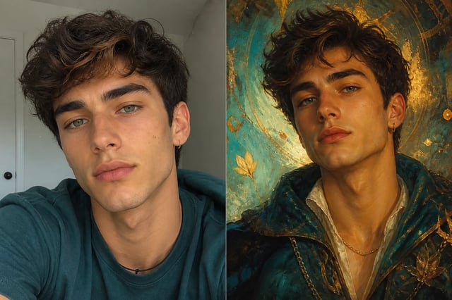 Before and after: a selfie restyled into an artistic portrait