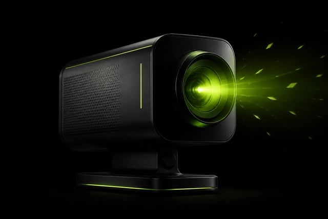 A cinema projector casting a green beam of light