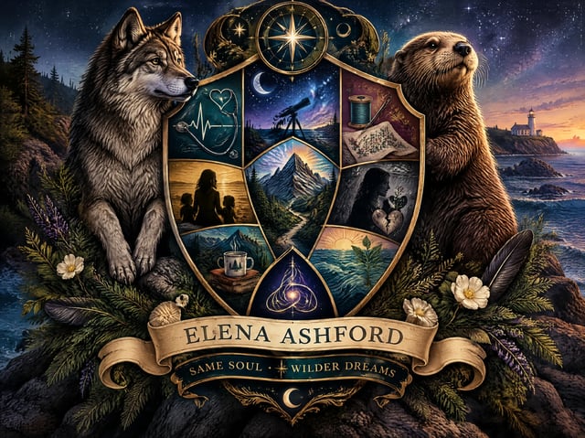 Personal family crest for Elena Ashford with a wolf and an otter as supporters, story symbols on the shield and the motto Same Soul, Wilder Dreams