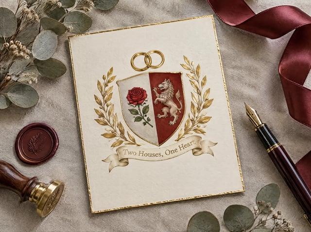 Wedding invitation with a split shield joining a red rose family and a silver wolf family under two gold rings