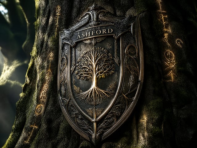 Engraved metal shield of House Ashford with a tree of life, mounted on an ancient tree trunk with glowing runes