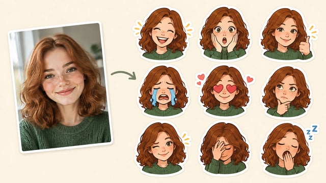 Example: a portrait photo turned into a 3x3 sheet of emoji-style stickers of the same woman