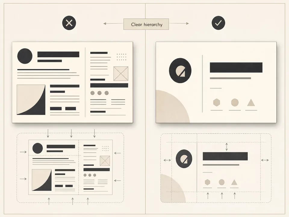 Business card hierarchy examples showing name, role, service line, and abstract contact blocks.
