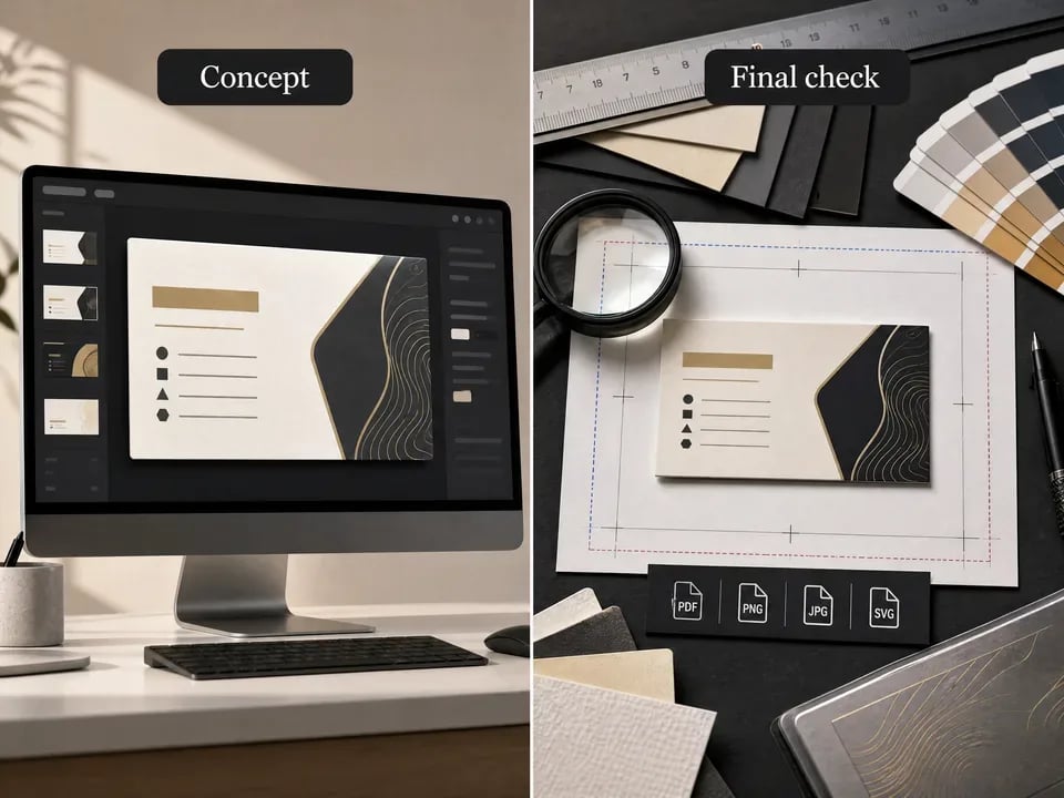 Business card proofing checklist showing draft, proof, and final review boundaries.