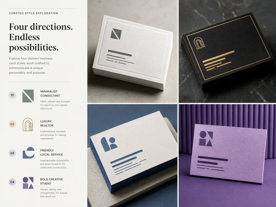 Three business card style directions comparing minimal, bold, and premium layouts.